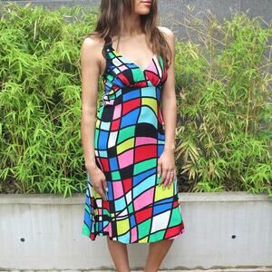 Flora Kung Vintage Multicolor Geometric Silk Cocktail Dress Size 4